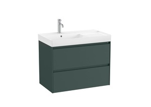 Závěsná koupelnová skříňka s keramickým umyvadlem v zelené barvě s matným povrchem o rozměru 80x64,5x46 cm. Povrch v provedení lamino. Plnovýsuv s dotahem, bez sifonu, s vnitř.organizérem.