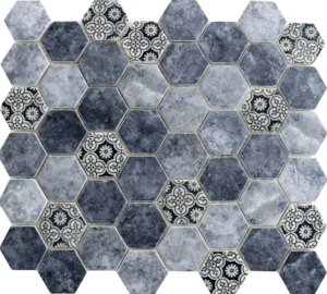 Skleněná mozaika v modré barvě o rozměru 28x32,4 cm a tloušťce 6 mm v patchwork designu s matným povrchem. Základní prvek ve tvaru hexagon (šestihran) o rozměru 2,6x4,5 cm.
