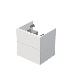 Závěsná koupelnová skříňka pod umyvadlo v bílé barvě s matným povrchem o rozměru 55,5x56x37 cm. S lakovaným povrchem s úpravou proti zanechání otisků prstů. S plnovýsuvem a dotahem.