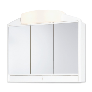Zrcadlová skříňka s osvětlením se zásuvkou o rozměru 51x59x16 cm. Galerka má 2 poličky.