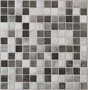 Mrazuvzdorné. Skleněná Mozaika v šedé barvě o rozměru 31,6x31,6 cm a tloušťce 4 mm s matným povrchem. Základní prvek ve tvaru čtverce o rozměru 2,5x2,5 cm