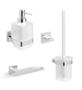 Praktický set koupelnových doplňků SAT, který se skládá z háčku (SATDBSIMS1), dávkovače mýdla (SATDSIMS99),  držáku toaletního papíru (SATDSIMS26), WC štětky (SATDSIMS37)