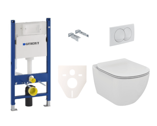 Závěsný set WC - sada obsahuje závěsné WC a sedátko TESI Ideal Standard, modul Geberit Duofix, tlačítko Delta 20 bílé a zvukoizolační vložku