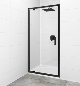 Sprchové dveře bez madel a vaničky v černé barvě, výplň je z čirého skla bez dekoru. Produkt je opatřen povrchovou úpravou Easy Clean, která usnadňuje čistění a minimalizuje usazování vodního kamene. Otočný systém otevírání. Určení - levá i pravá orientace.