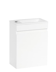 Bílá lesklá skříňka s umyvadlem o šíři 40 cm a hloubce 22 cm, vhodné pro WC nebo malé prostory. Univerzální verze levá/pravá, otočením umyvadla nebo dvířek.