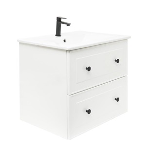 Závěsná koupelnová skříňka s keramickým umyvadlem v bílé barvě o rozměru 80x45x46 cm. Povrch v provedení fólie. S plnovýsuvem a dotahem.