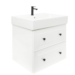 Závěsná koupelnová skříňka s keramickým umyvadlem v bílé barvě s lesklým povrchem o rozměru 80x45x46 cm. Povrch v provedení lamino.