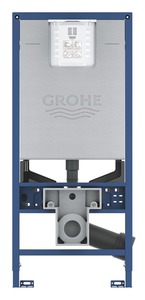 Modul pro závěsné toalety Grohe se stavební výškou 1,13 m. Rám z broušené oceli. Zatížení až 400 kg. Součástí je elektrická zásuvka a vodovodní přípojka pro snadnou instalaci sprchové toalety v budoucnu.