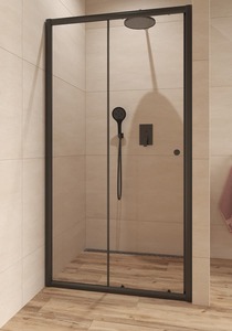 Sprchové dveře včetně nikového profilu v černé barvě, výplň je z čirého skla bez dekoru. Posuvný systém otevírání. Určení - levá i pravá orientace.