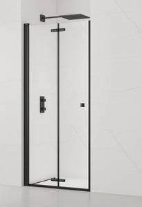 Sprchové dveře včetně nikového profilu v černé barvě, výplň je z čirého skla bez dekoru. Produkt je opatřen povrchovou úpravou Easy Clean, která usnadňuje čistění a minimalizuje usazování vodního kamene. Zalamovací systém otevírání. Určení - levá i pravá orientace.