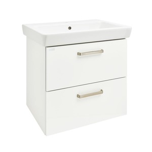 Závěsná koupelnová skříňka s keramickým umyvadlem v bílé barvě o rozměru 55x63x44,5 cm. Povrch v provedení lamino. S plnovýsuvem a dotahem.