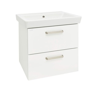 Závěsná koupelnová skříňka s keramickým umyvadlem v bílé barvě o rozměru 60x63x44,5 cm. Povrch v provedení lamino. S plnovýsuvem a dotahem.