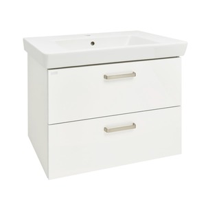 Závěsná koupelnová skříňka s keramickým umyvadlem v bílé barvě o rozměru 80x63x44,5 cm. Povrch v provedení lamino. S plnovýsuvem a dotahem.